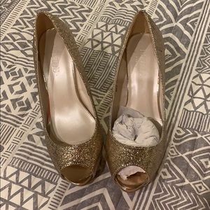 Rose gold open toe heels